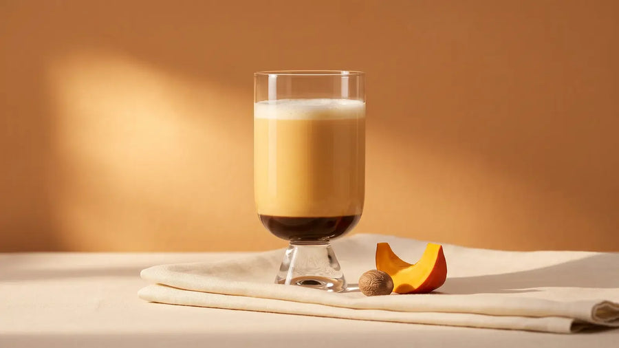 Pumpkin Spice Latte im Glas mit Espresso und Kürbismilch, daneben Hokkaido und Muskatnuss