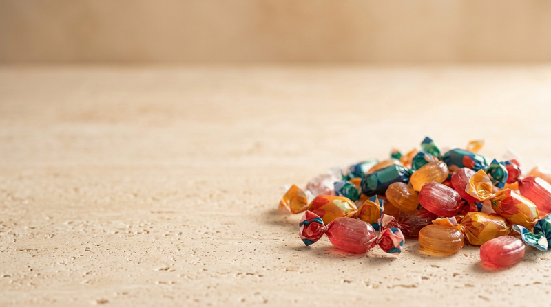Bunte italienische Fruchtbonbons und Pastillen lose auf hellem Travertin, editoriale Foodfotografie