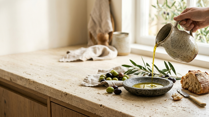 Natives Olivenöl Extra aus Italien – Öl, Oliven und Brot