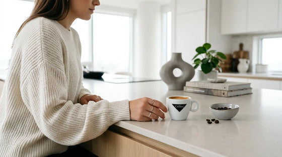 Barista Espresso Hero — Mann im Wollcardigan mit Cellini Classico Bohnenbeutel und Espressotasse