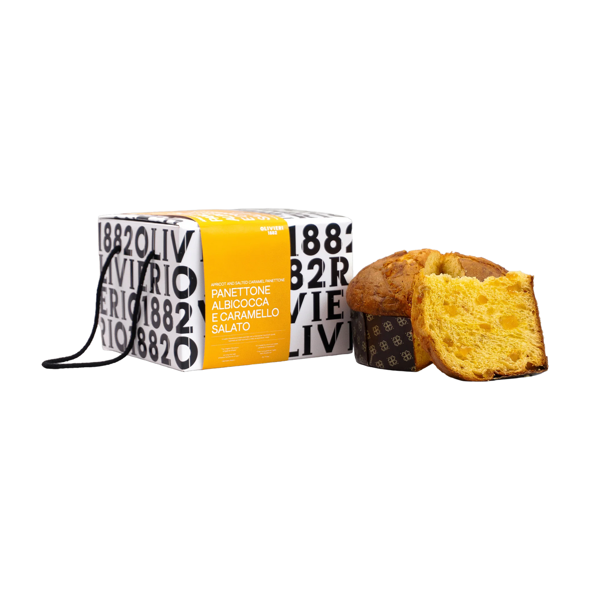 Olivieri 1882 Panettone Albicocca e Caramello Salato - Verpackung und Kuchen