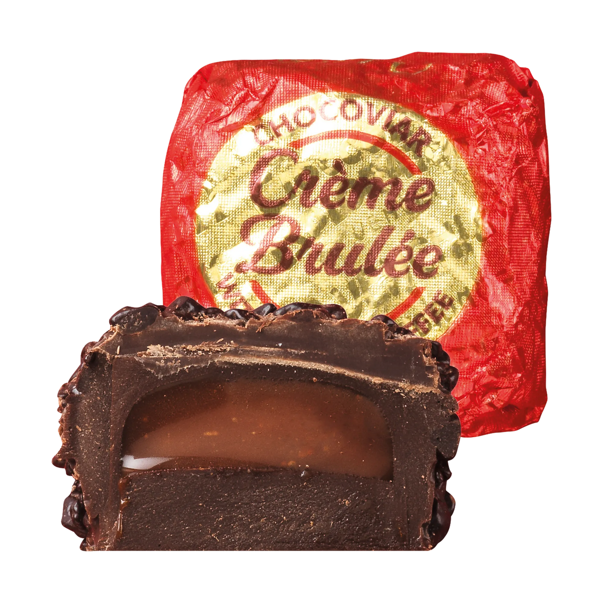 Venchi Chocoviar Crème Brûlée Praline im Anschnitt mit Verpackung