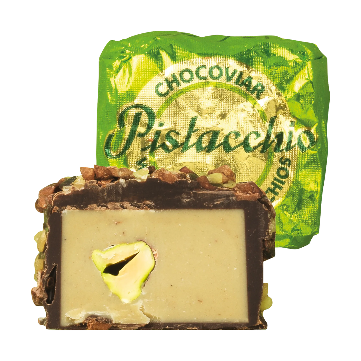 Venchi Chocoviar Pistazie Praline im Anschnitt mit Verpackung