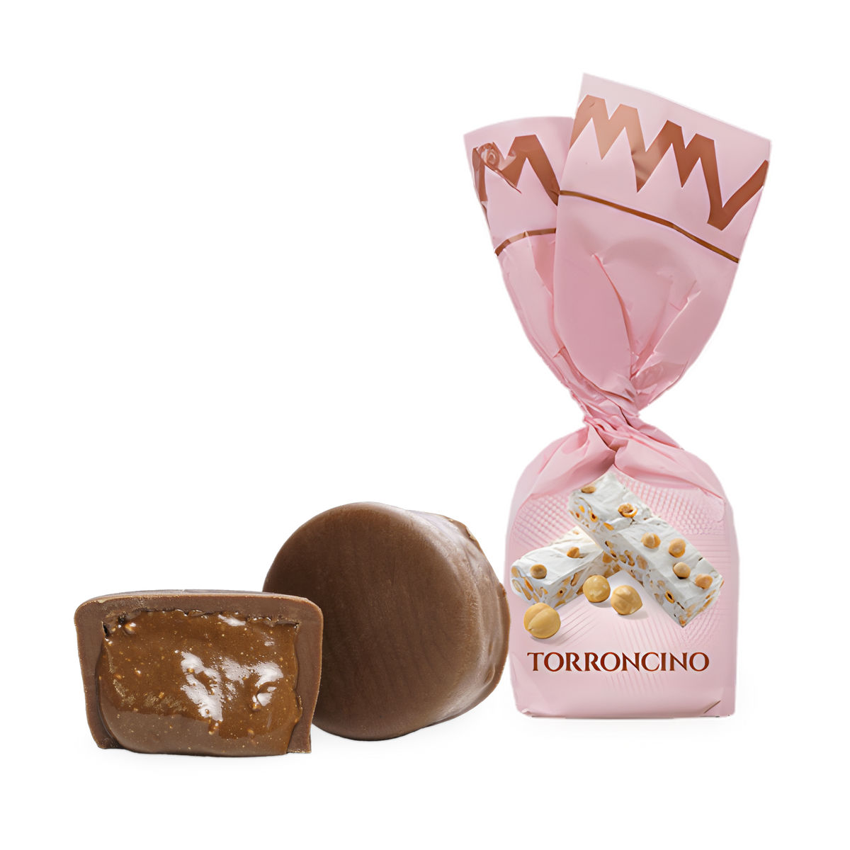 Mandrile Melis Cuneesi Torroncino – Praline mit Anschnitt und Verpackung