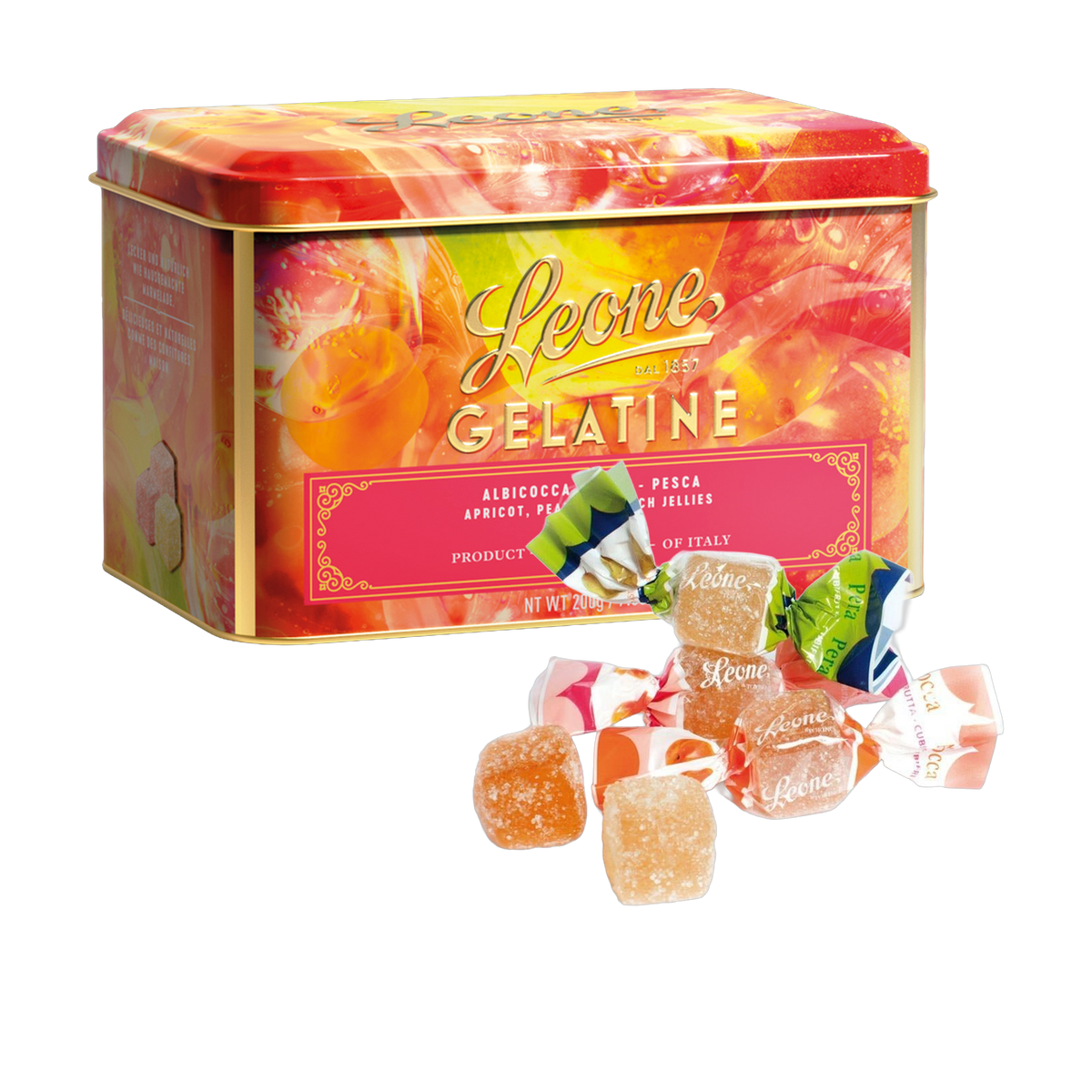 Cellini Gelée Birne-Pfirsich-Aprikose, Dose mit Bonbons