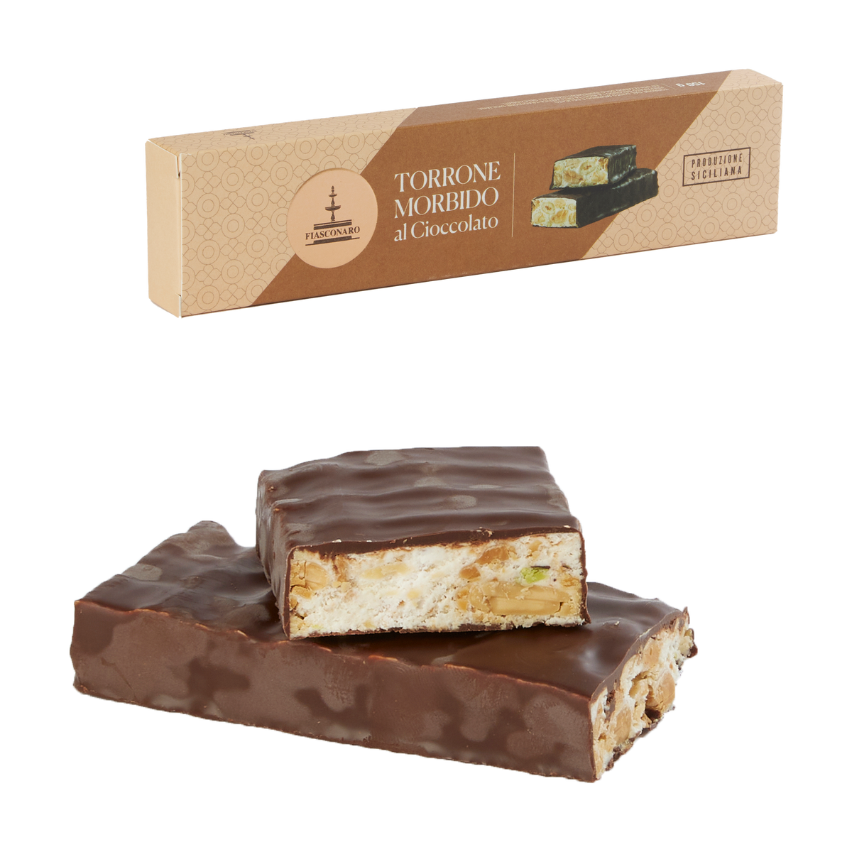 Torrone mit Zartbitterschokolade von Fiasconaro – angeschnittener Riegel vor der 150-g-Schachtel