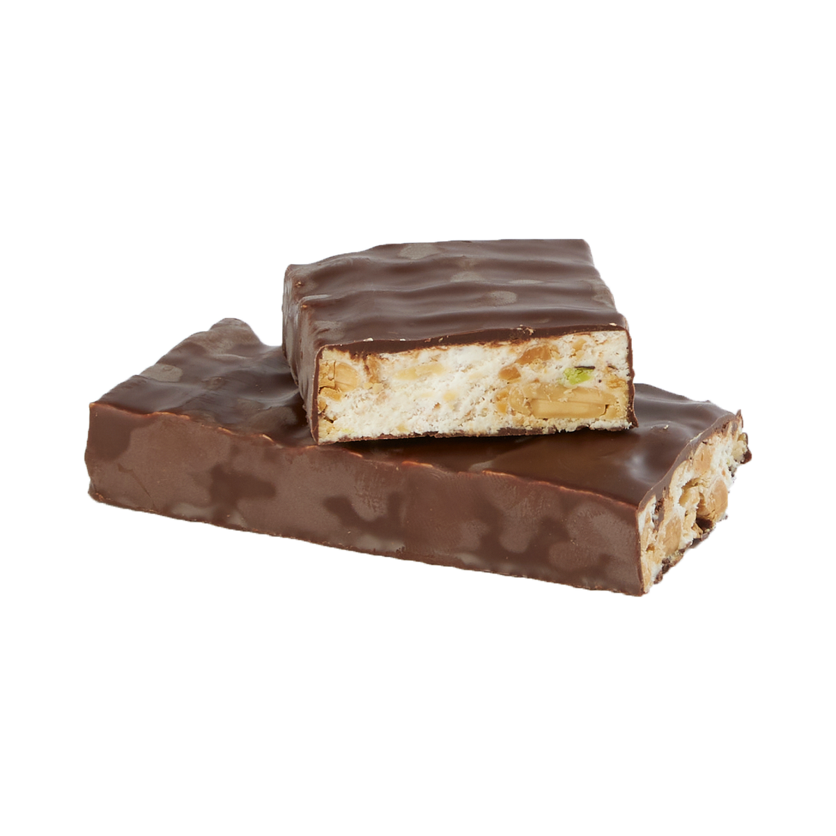 Torrone Siciliano in Zartbitterschokolade – angeschnittener Riegel mit Mandeln und Pistazie