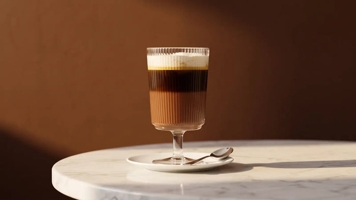 Bicerin im Stielglas mit Schokolade, Espresso und Sahne in drei Schichten