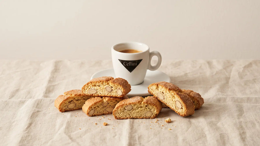 Selbstgebackene Cantuccini mit ganzen Mandeln auf Leinen, dahinter ein Espresso in der Cellini-Tasse