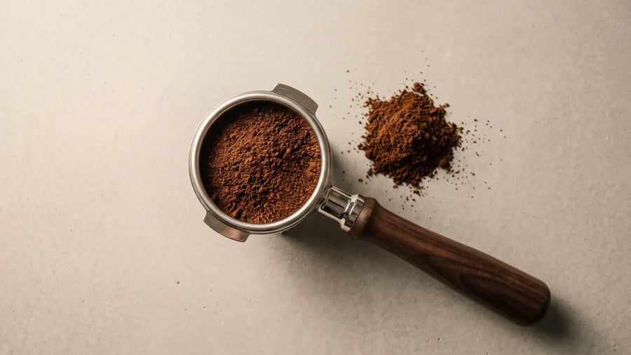 Frisch gemahlener Espresso im Siebträger, daneben ein kleines Häufchen Kaffeepulver auf hellem Beton, von oben