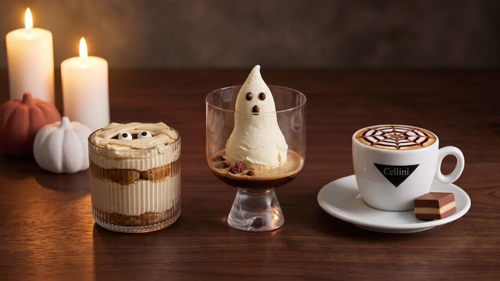 Halloween-Nachtisch mit Espresso: Mumien-Tiramisu, Gespenster-Affogato und Spinnennetz-Cappuccino bei Kerzenlicht