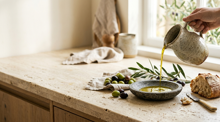 Natives Olivenöl Extra aus Italien – Öl, Oliven und Brot
