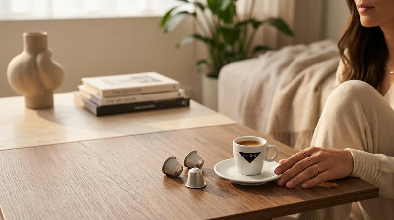 Entkoffeinierter Espresso Hero — Frau in Salbei-Grün mit Cellini Kapseln und Espressotasse