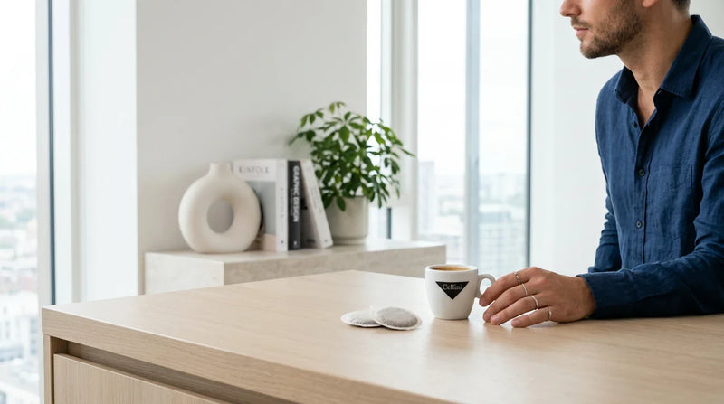 E.S.E. Pads Hero — Mann im Blazer mit Cellini Prestigio Pad-Box und Espressotasse