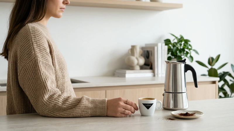 Espressopulver gemahlen Hero Lifestyle — Frau mit Cellini Classico Mahlkaffee-Beutel und Espressotasse auf weißem Marmor
