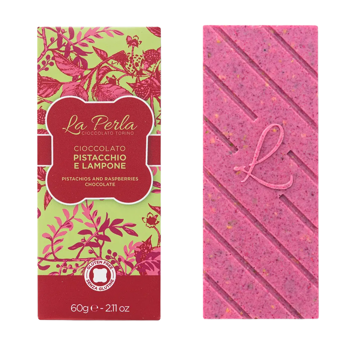 La Perla weiße Tafelschokolade Pistazien mit Himbeeren 60g