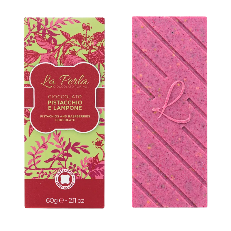 La Perla weiße Tafelschokolade Pistazien mit Himbeeren 60g
