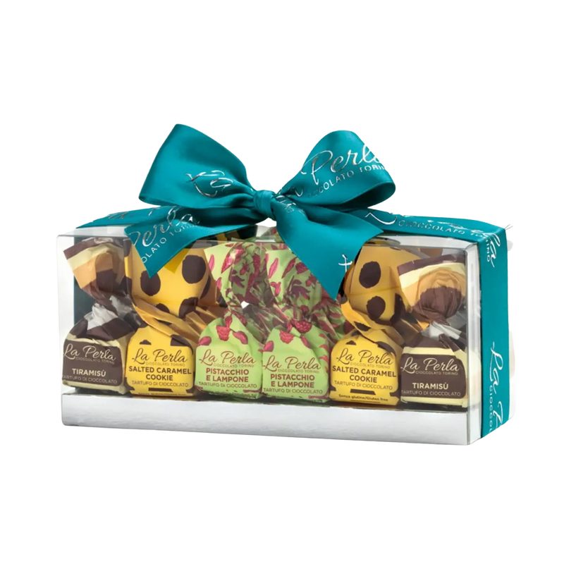 La Perla Tartufi Confezione Tiramisù, Salted Caramel Cookie, Pistacchio e Lampone 260g