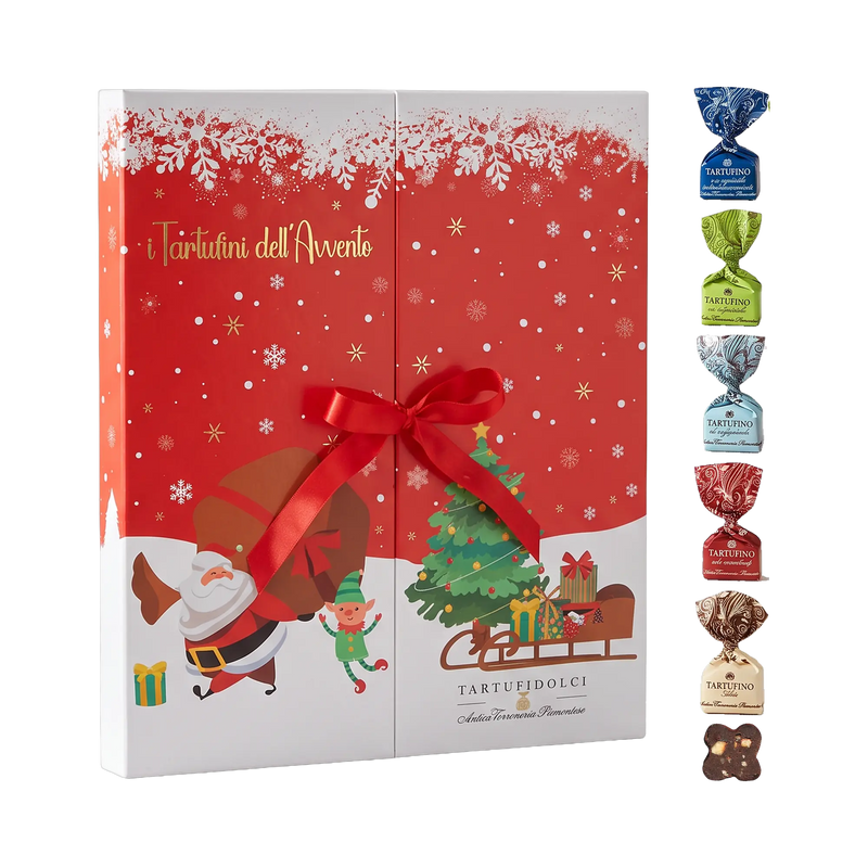 Antica Tartufini dell'Avvento Adventskalender – geschlossen mit Schleife, fünf Tartufini und ausgepacktem Tartufino