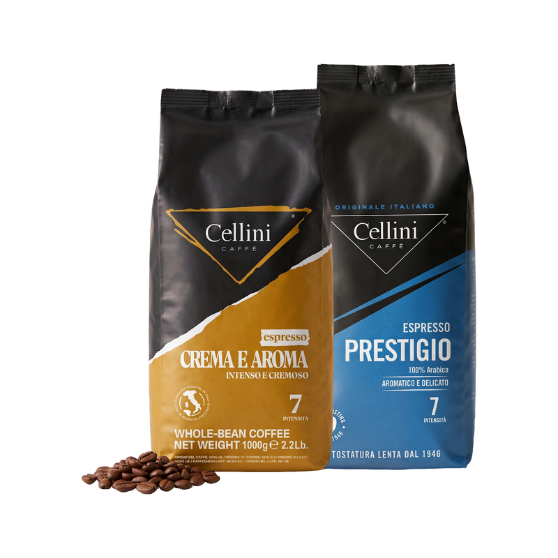 Probierset Prestigio & Crema e Aroma: je ein 1-kg-Beutel Espresso Prestigio 100 % Arabica und Crema e Aroma, ganze Bohnen