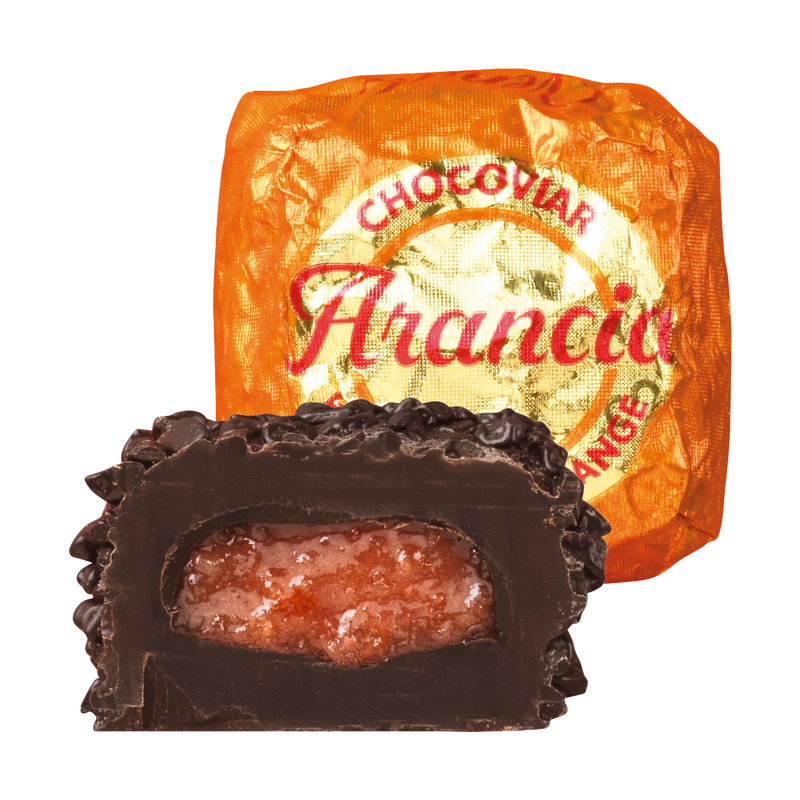 Venchi Chocoviar Arancia Praline im Anschnitt mit Verpackung