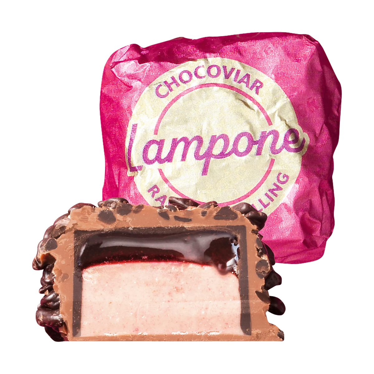 Venchi Chocoviar Lampone Praline im Anschnitt mit Verpackung