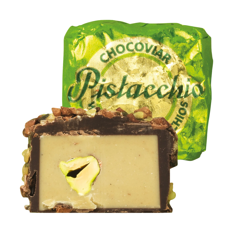 Venchi Chocoviar Pistazie Praline im Anschnitt mit Verpackung