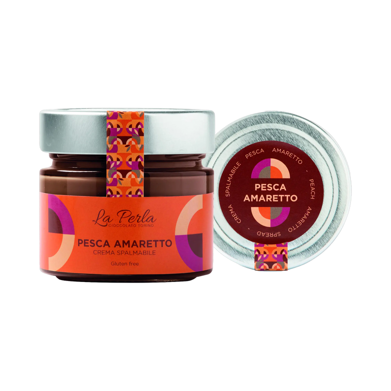La Perla Crema Spalmabile Pesca Amaretto – cremiger Aufstrich mit Mandel und Amaretto im Glas