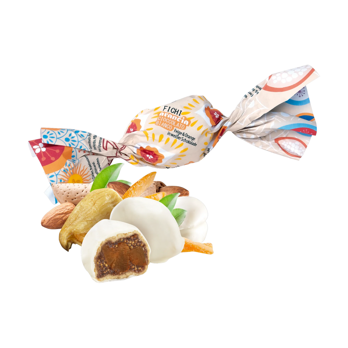 Sgambelluri Feigen mit kandierten Orangen und weißem Schokoladenüberzug