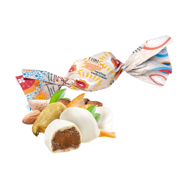 Sgambelluri Feigen mit kandierten Orangen und weißem Schokoladenüberzug
