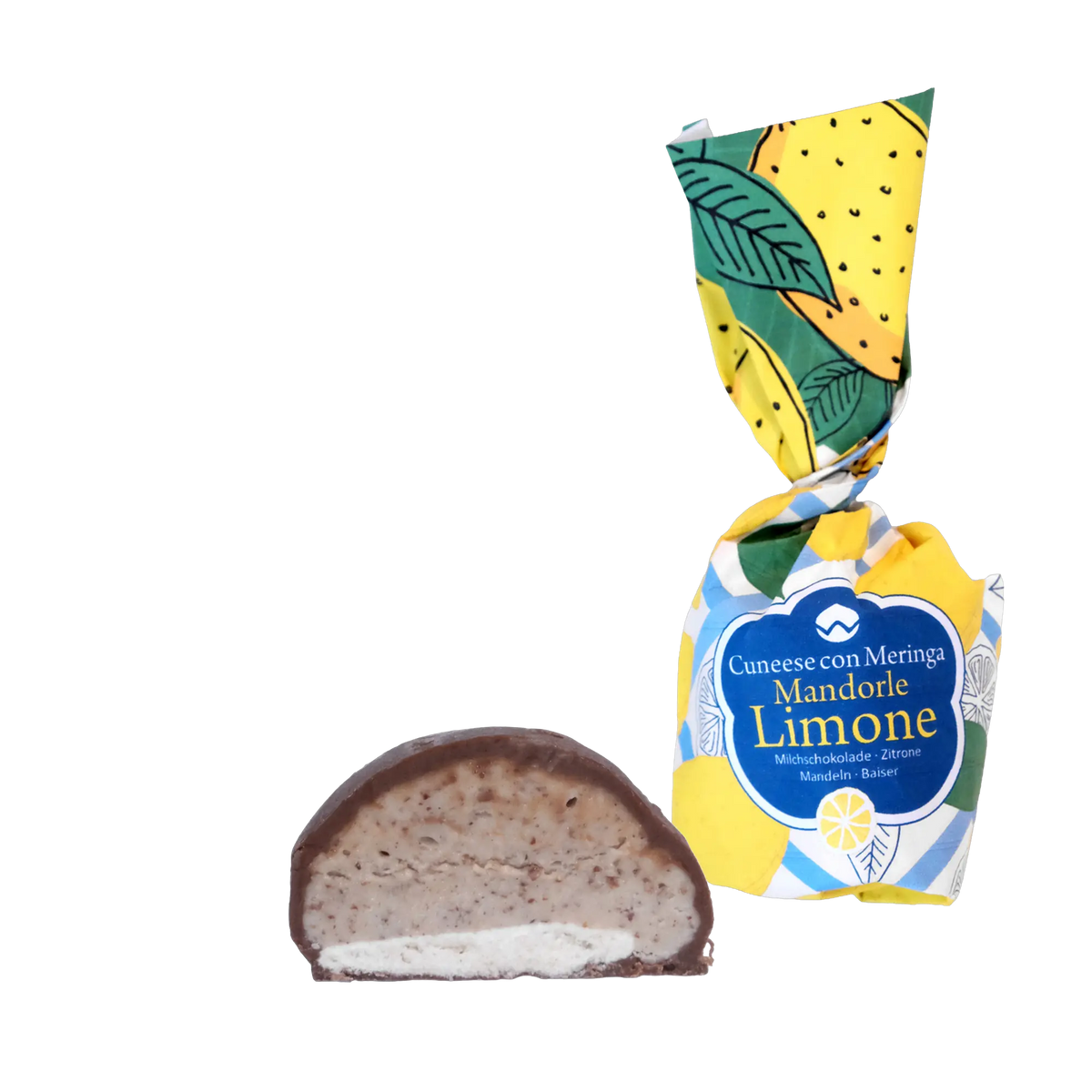 Tutto Cioccolato Cuneese con Meringa Mandorle Limone – verpackt und aufgeschnitten