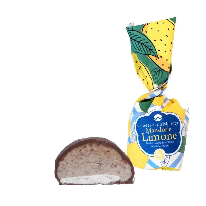 Tutto Cioccolato Cuneese con Meringa Mandorle Limone – verpackt und aufgeschnitten