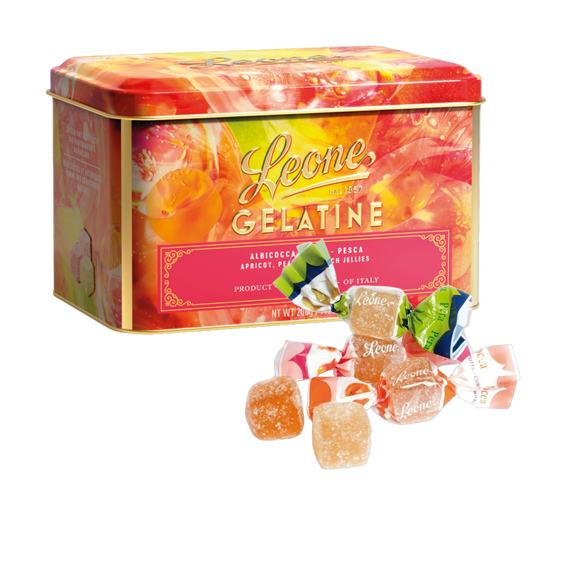Cellini Gelée Birne-Pfirsich-Aprikose, Dose mit Bonbons