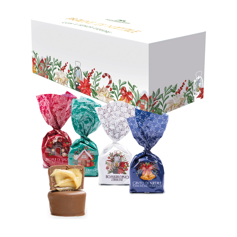 Mandrile Melis Praline di Natale Geschenkbox Bauletto mit 4 Sorten diagonal und Zabaione-Anschnitt