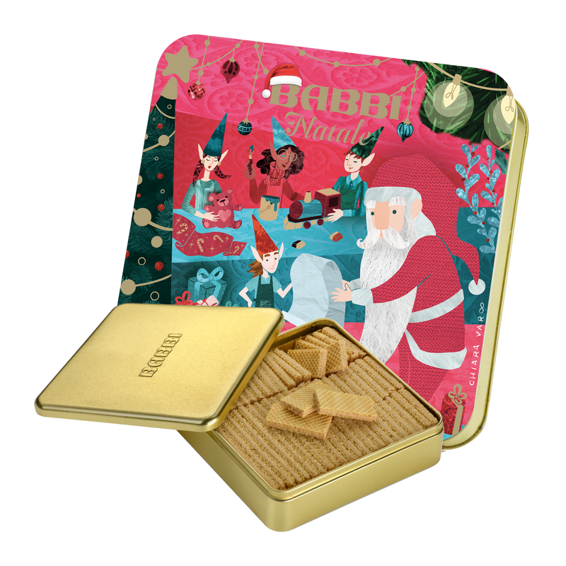 Haselnusswaffeln Christmas Edition von Babbi – Weihnachtsdose und geöffnete Golddose mit Waffeln