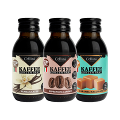 Cellini Caffè Kaffeekonzentrat Probierset — Espresso Classico, Vanilla Latte, Caramel Macchiato, je 100 ml