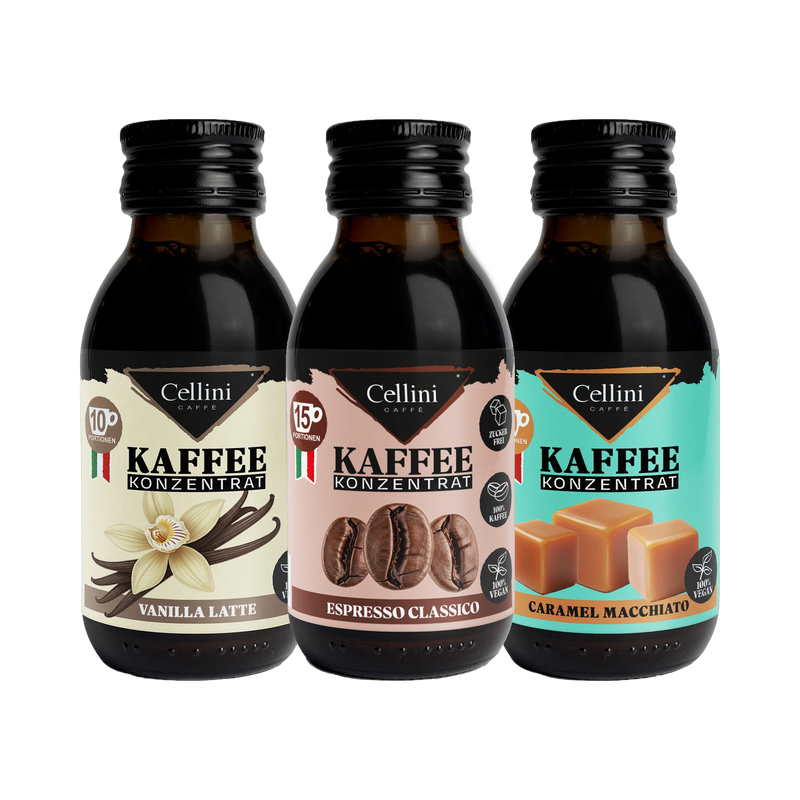 Cellini Caffè Kaffeekonzentrat Probierset — Espresso Classico, Vanilla Latte, Caramel Macchiato, je 100 ml