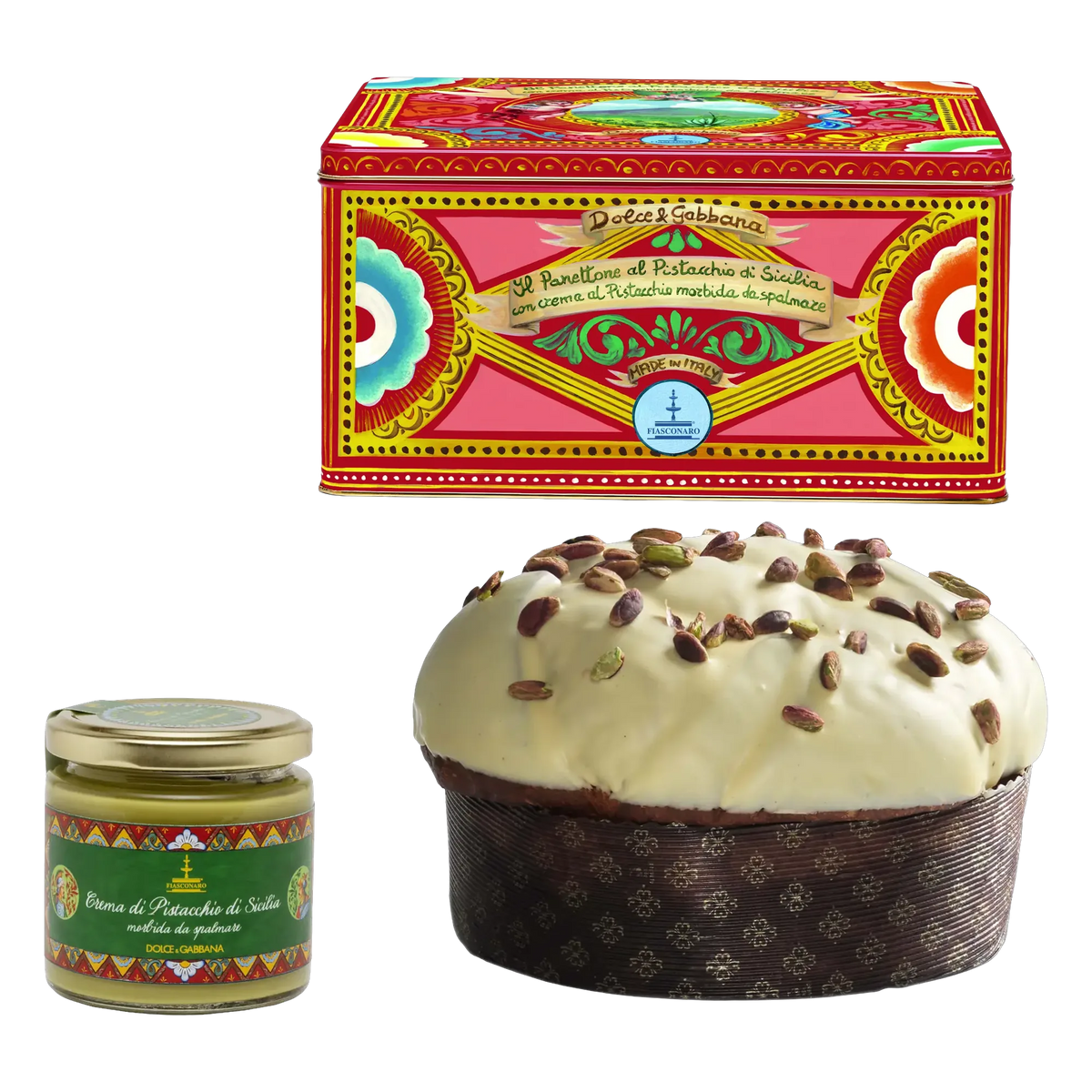Fiasconaro Panettone al Pistacchio di Sicilia Rosso Dolce & Gabbana 1kg - Dose, Kuchen und Crema di Pistacchio