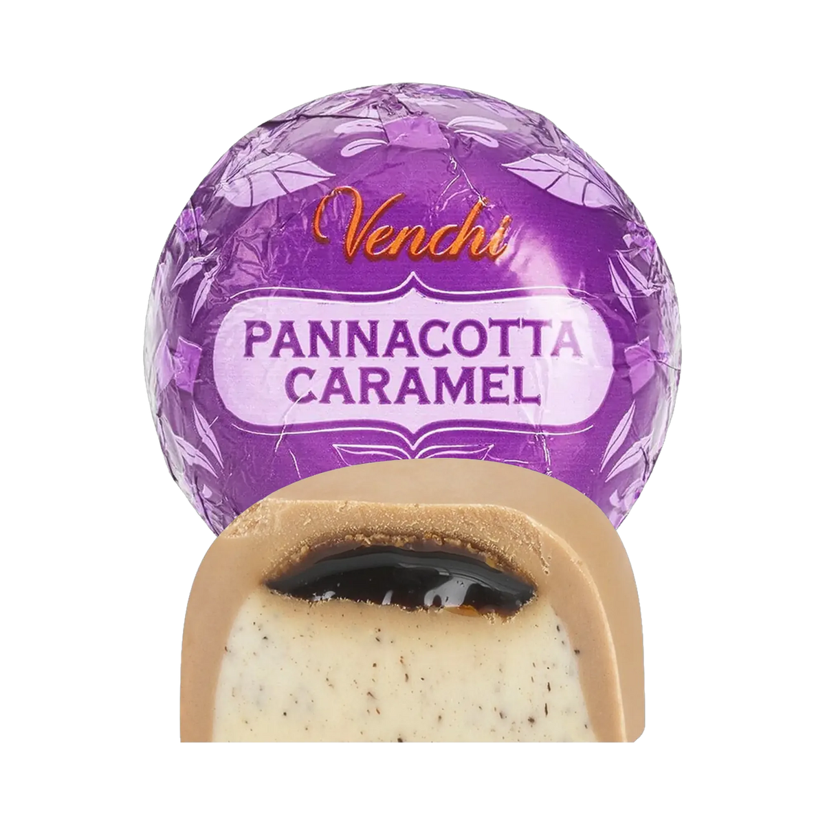 Venchi Caramel Pannacotta Praline mit Anschnitt und Verpackung