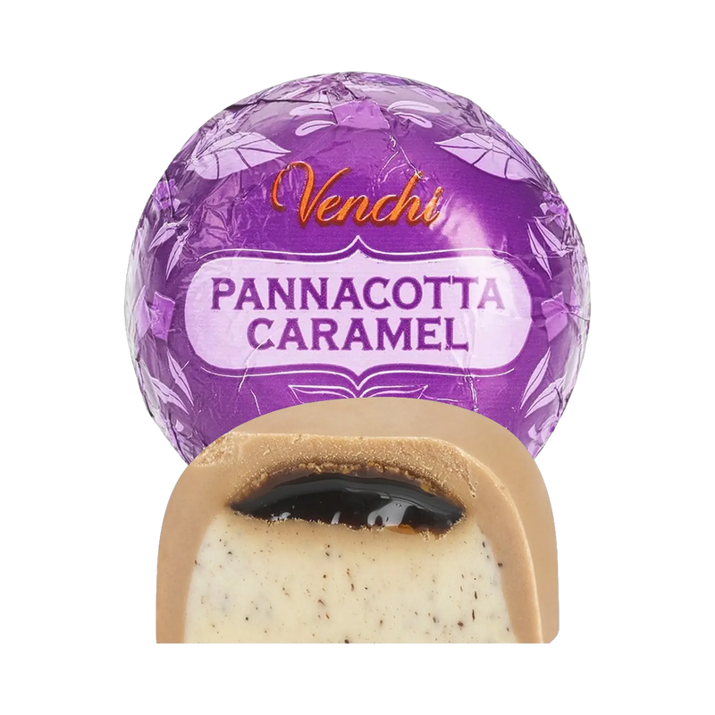 Venchi Caramel Pannacotta Praline mit Anschnitt und Verpackung