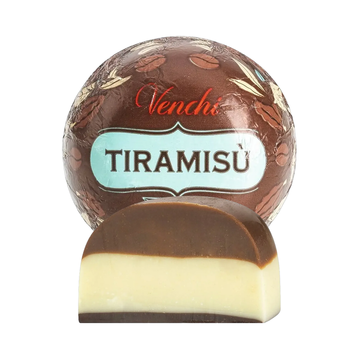 Venchi Tiramisù Praline mit Anschnitt und Verpackung