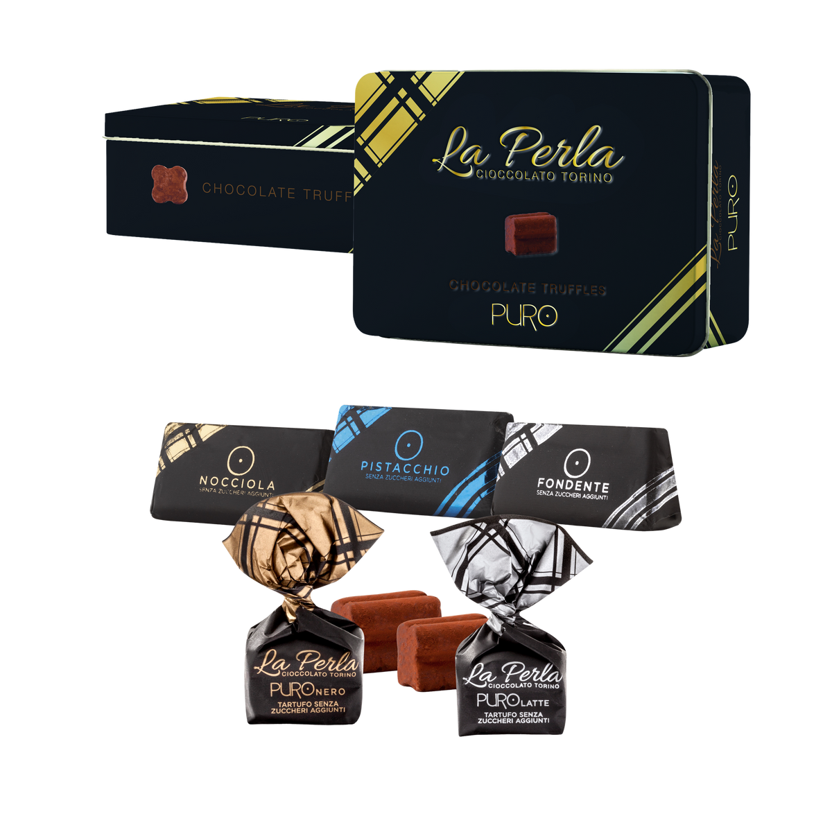 La Perla PURO Latta – Tartufi und Giandujotti assortiti 200g, Dose mit Pralinen