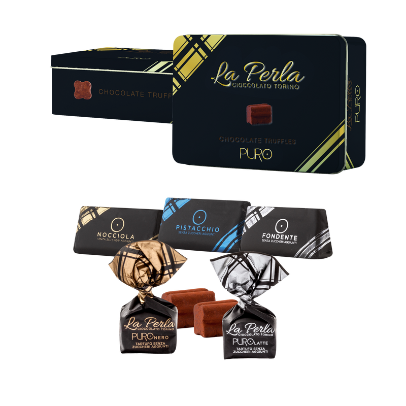 La Perla PURO Latta – Tartufi und Giandujotti assortiti 200g, Dose mit Pralinen
