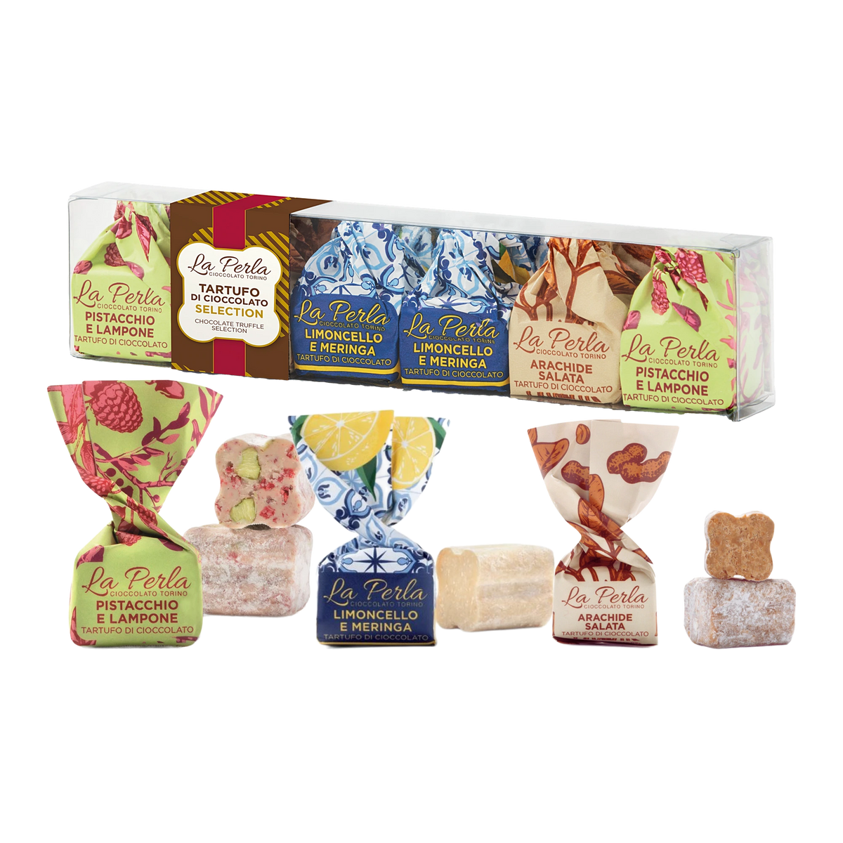 La Perla Tartufi Confezione Venezia – Pistacchio e Lampone, Limoncello e Meringa, Arachide Salata