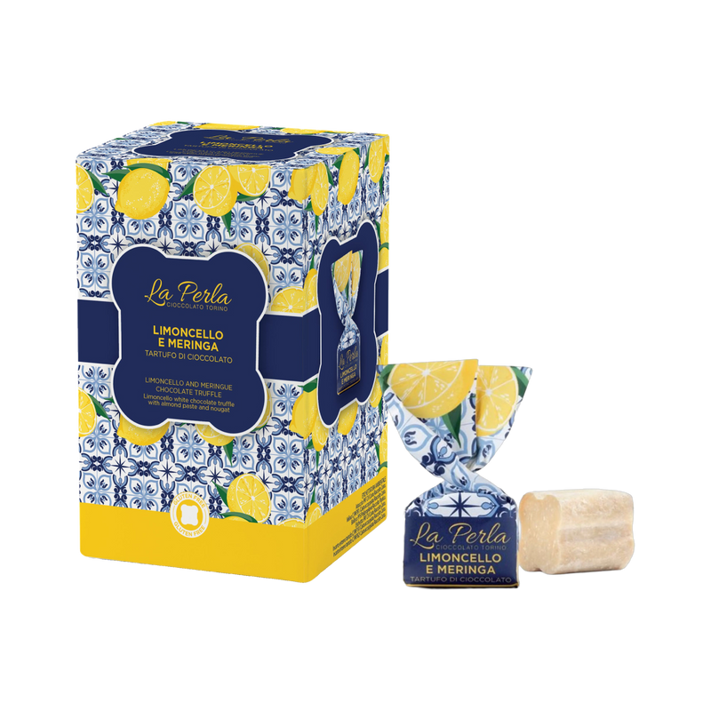 La Perla Tartufi Limoncello e Meringa Geschenkbox 150 g mit Tartufo verpackt und ausgepackt