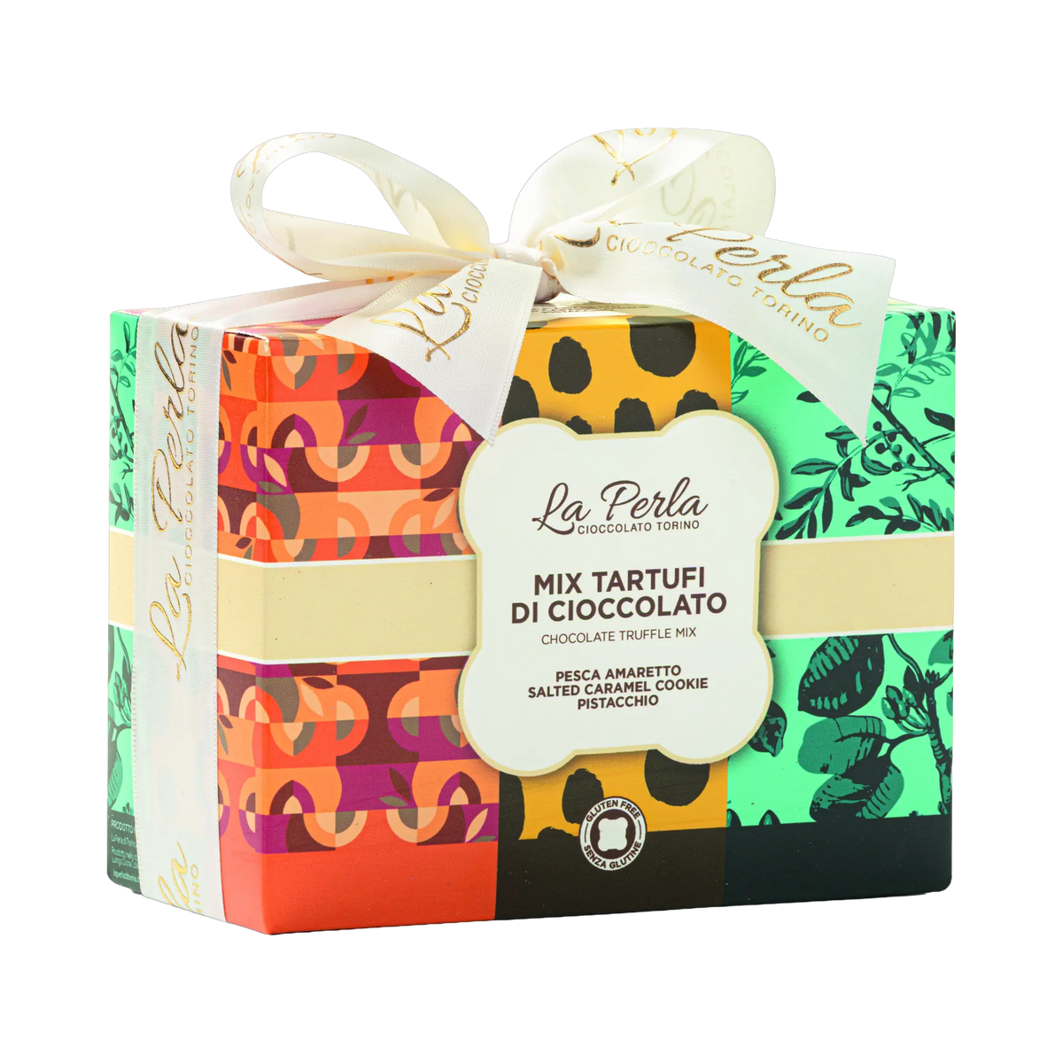 La Perla Mix Tartufi Pesca Amaretto, Salted Caramel und Pistacchio – Box mit drei Trüffelsorten