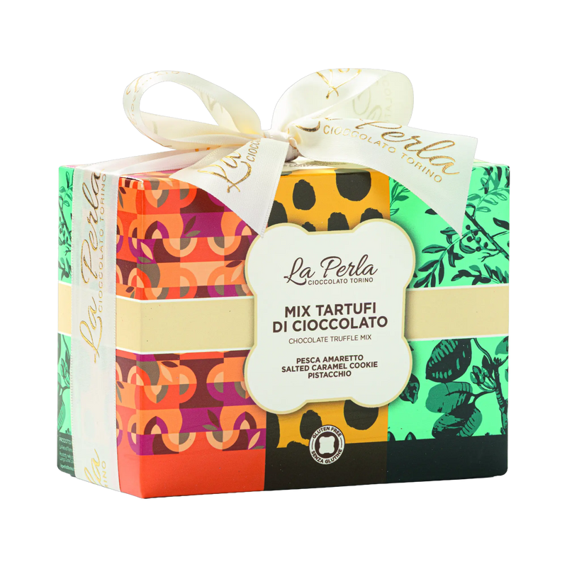 La Perla Mix Tartufi Pesca Amaretto, Salted Caramel und Pistacchio – Box mit drei Trüffelsorten