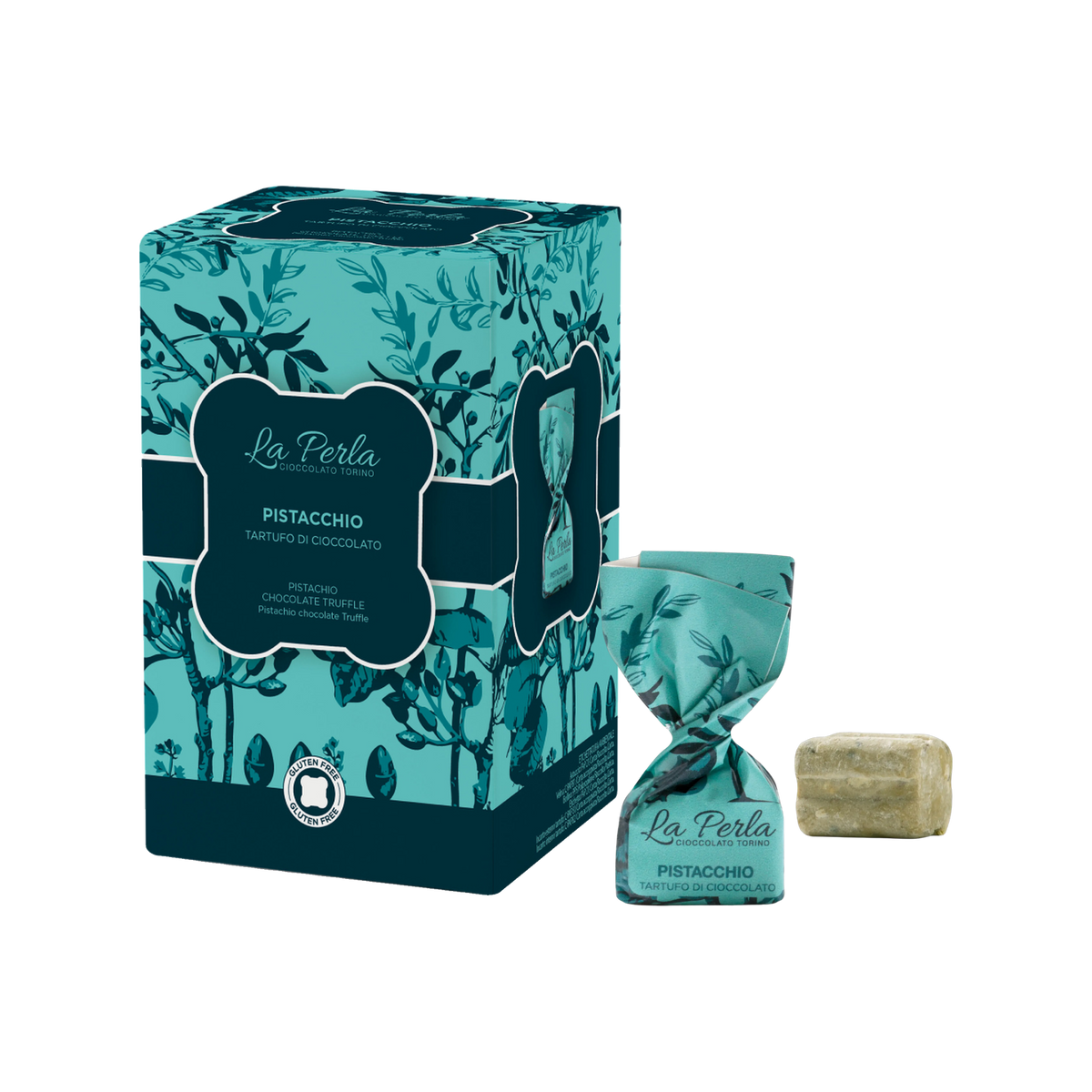 La Perla Tartufi Pistacchio Geschenkbox 150 g mit Tartufo verpackt und ausgepackt