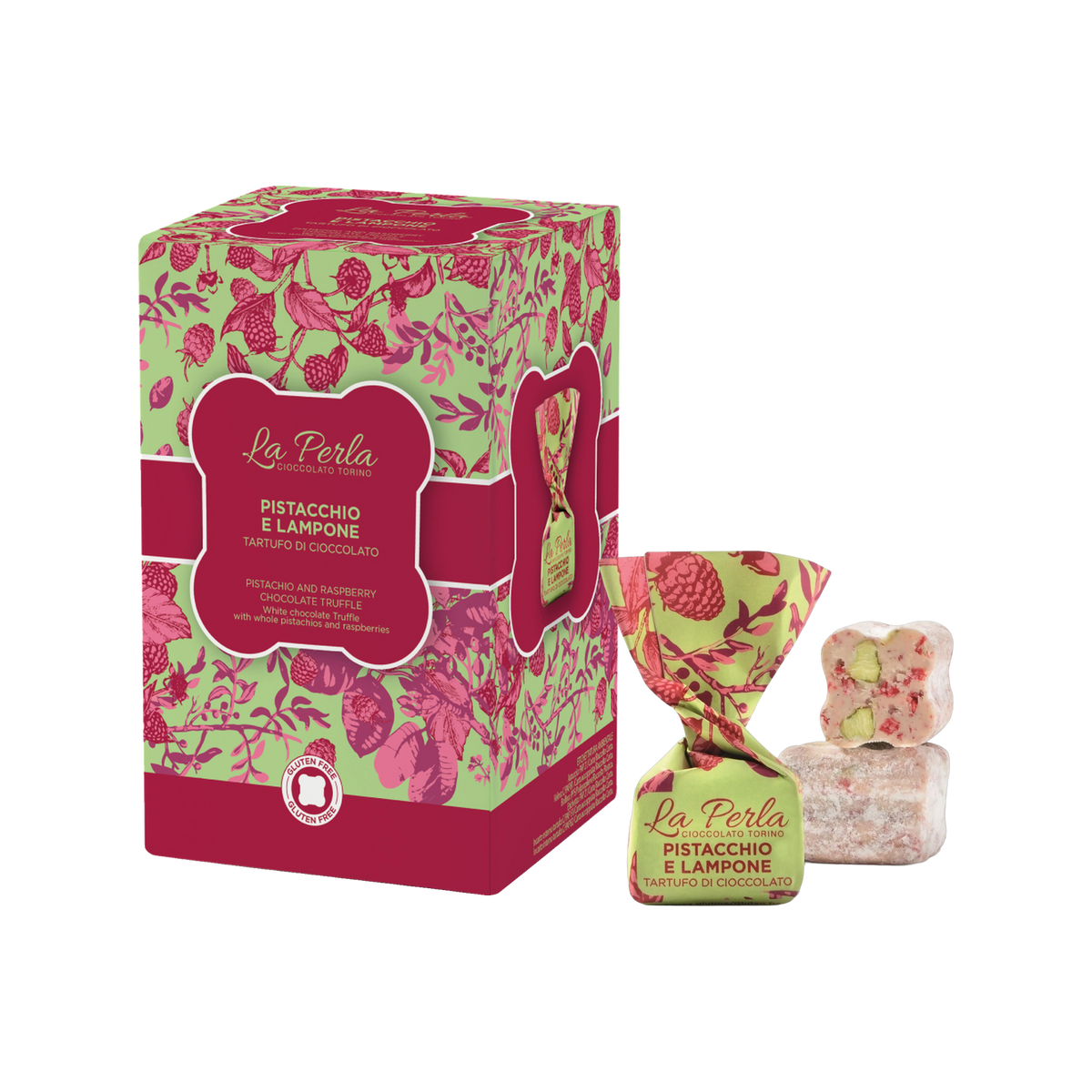 La Perla Tartufi Pistacchio e Lampone Geschenkbox 150 g mit Tartufo verpackt und ausgepackt