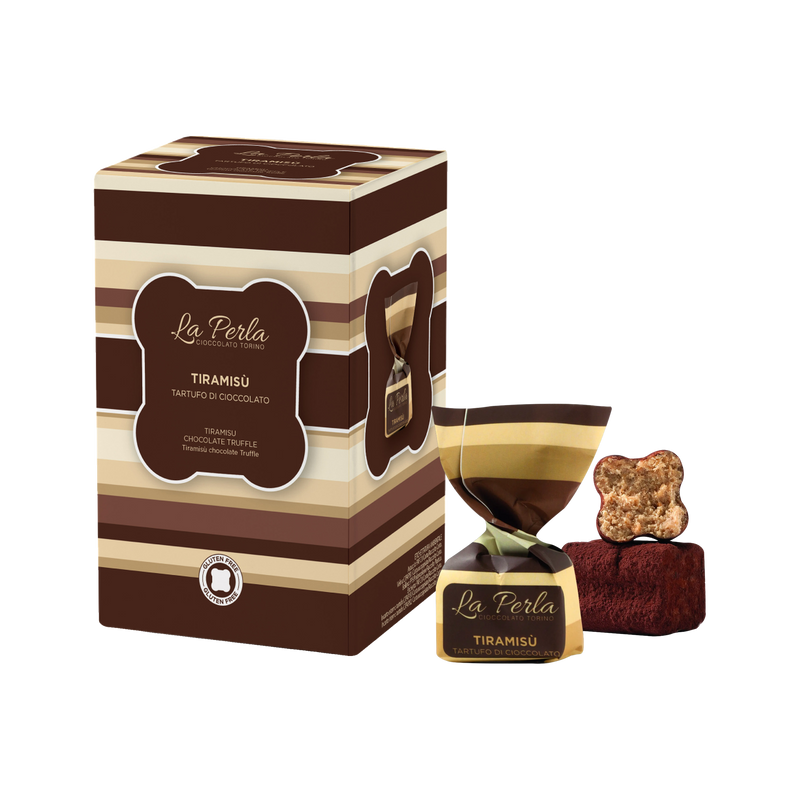 La Perla Tartufi Tiramisù Geschenkbox 150 g mit Tartufo verpackt und ausgepackt